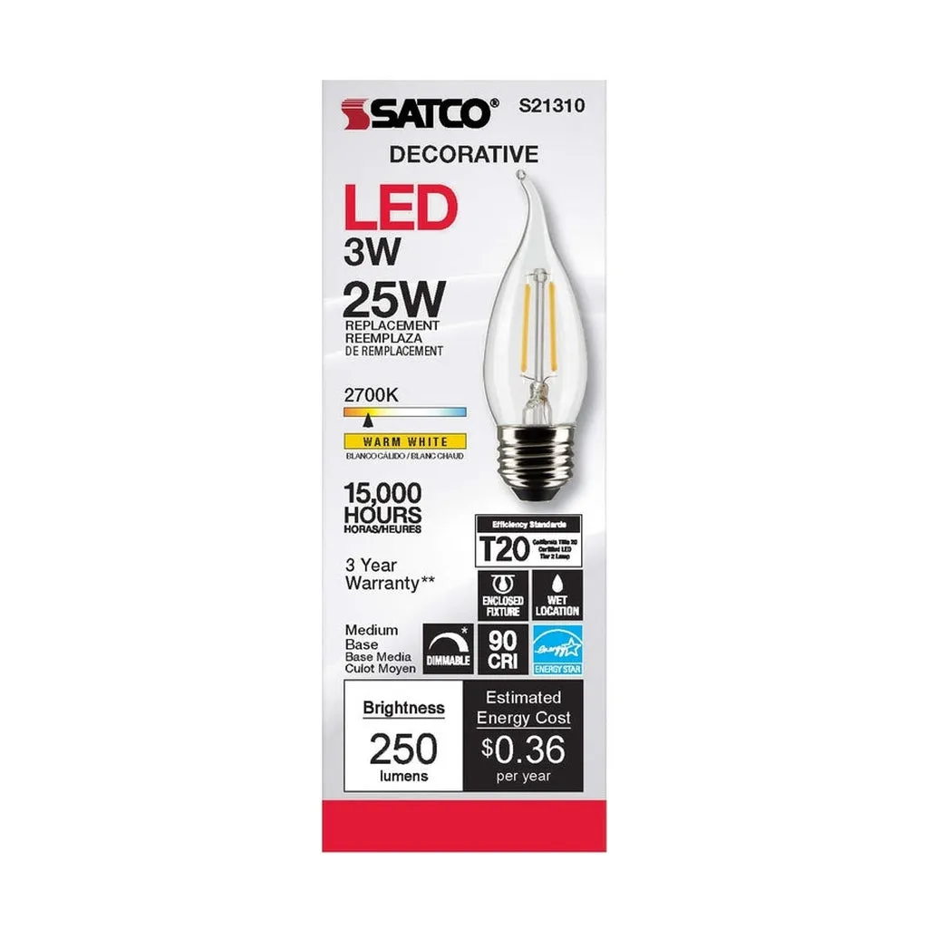 3W CA10 LED - Clear - Medium base - 90 CRI - 2700K - 120V - 6-Pack