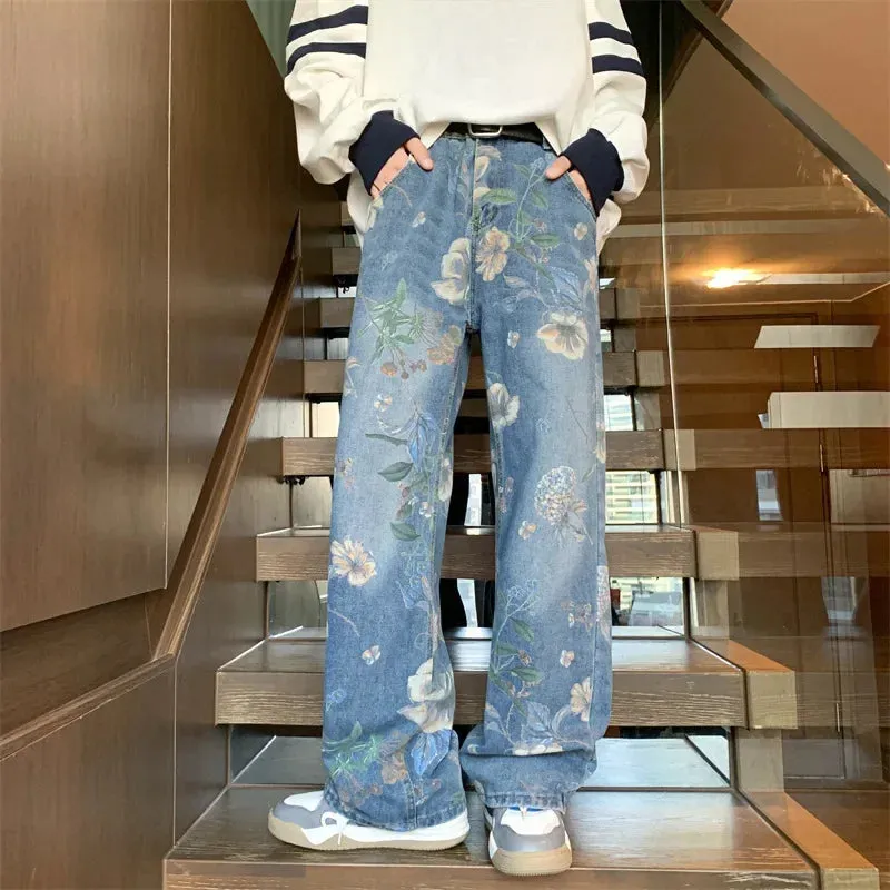 Amozae-American Style Street Printing Jeans For Men Loose Fit Versatile Design Sensibility Bell Bottoms Casual Scene Autumn Trendy