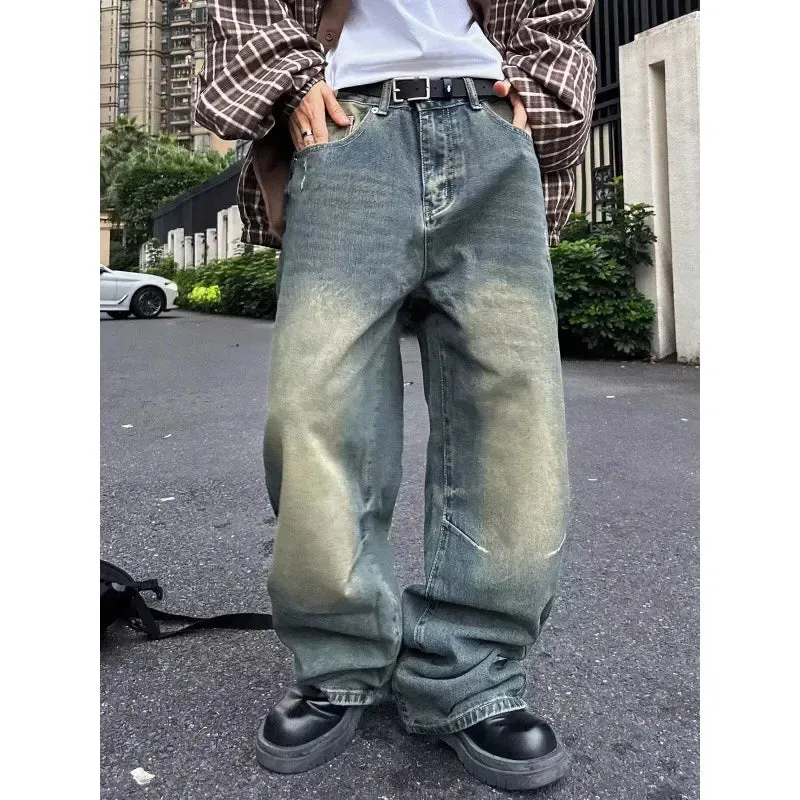 Amozae-Cross-border Wide-leg Jeans Men's Women's Loose-fit American Style Street Japanese Vintage Distressed Washing Casual Trousers