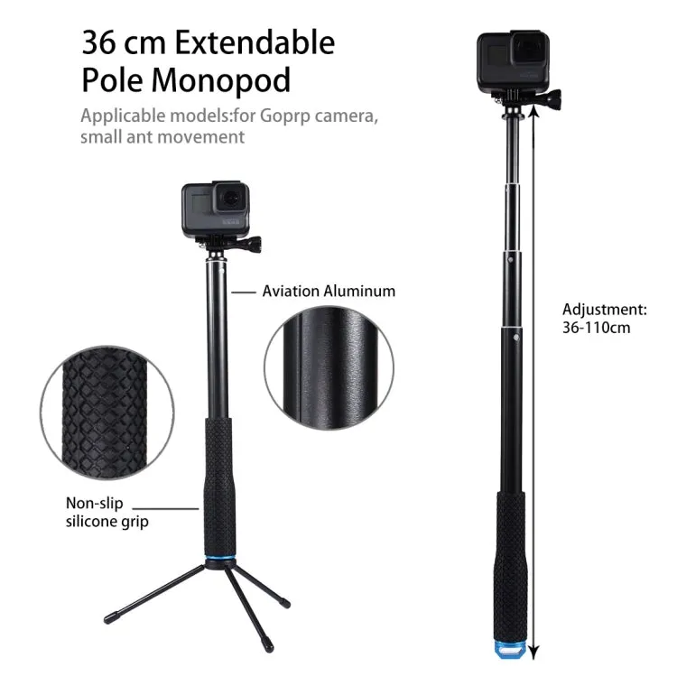 Anti-skid Extendable Self-portrait Handheld Diving Telescopic Monopod Holder Set with Phone Remote Controller & Tripod & Phone Holder for GoPro & Xiaoyi Camera & Smartphones, Full Length Max: about 1m(Blue)