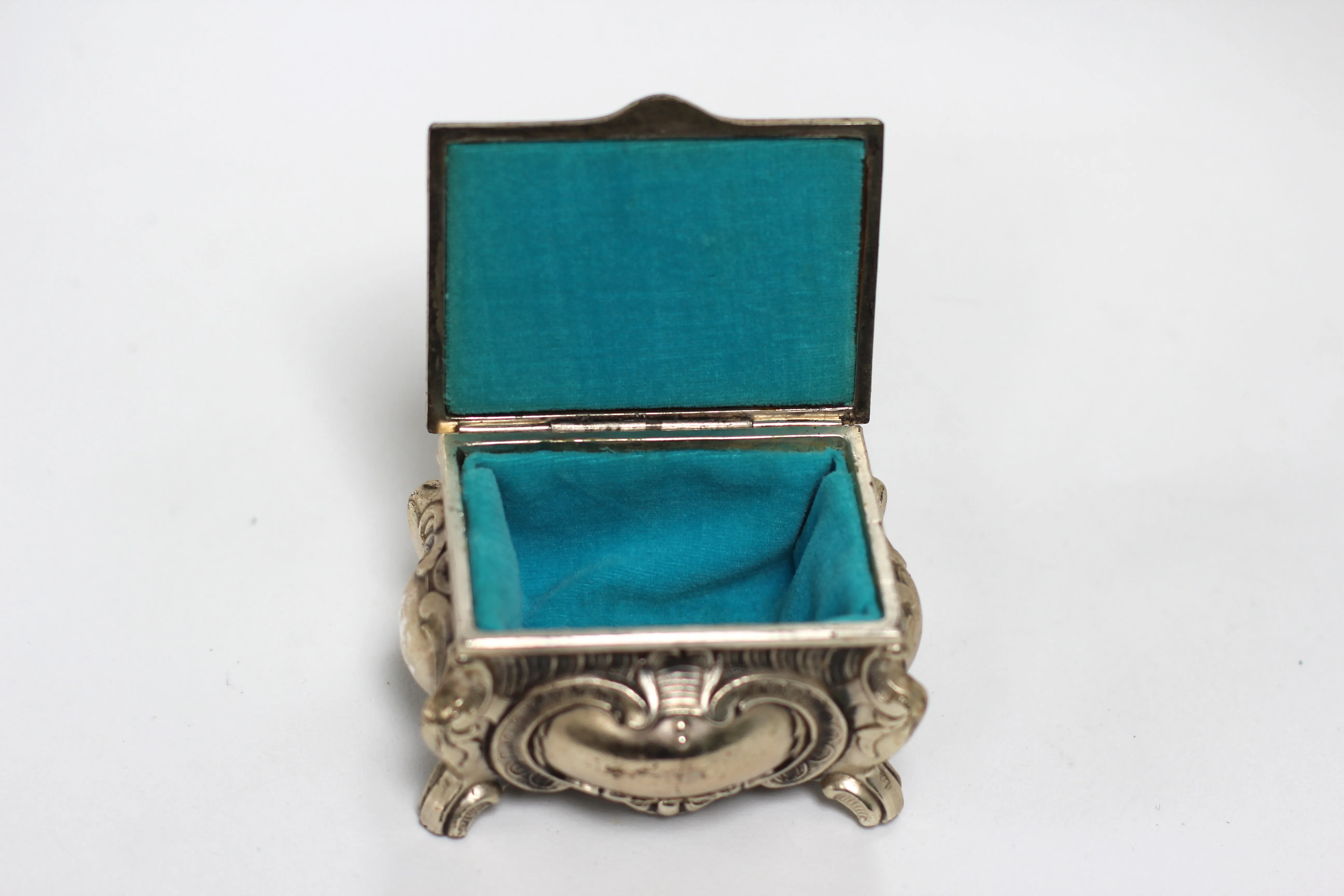 Antique Teal Velvet interior Silver Jewelry Box