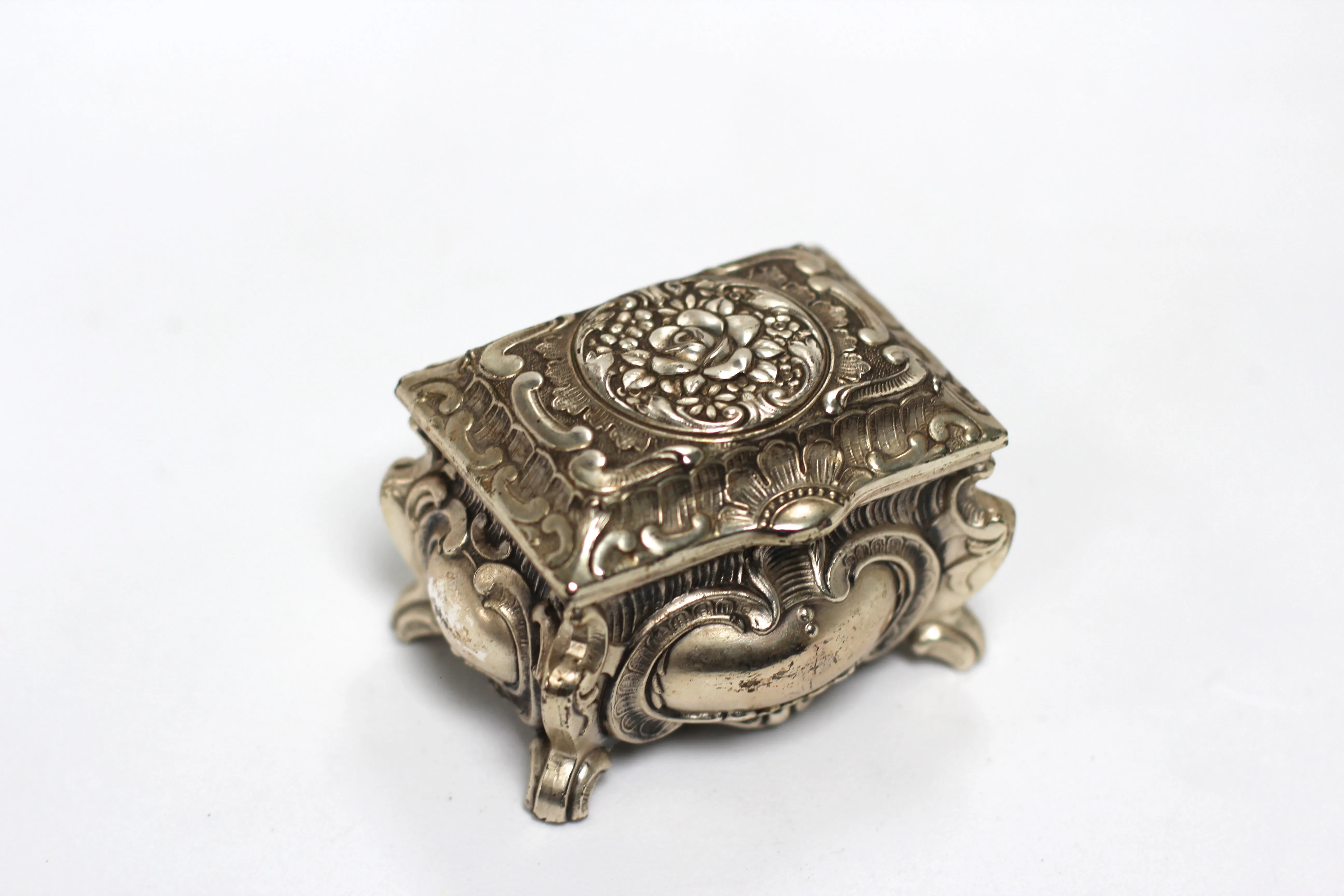 Antique Teal Velvet interior Silver Jewelry Box