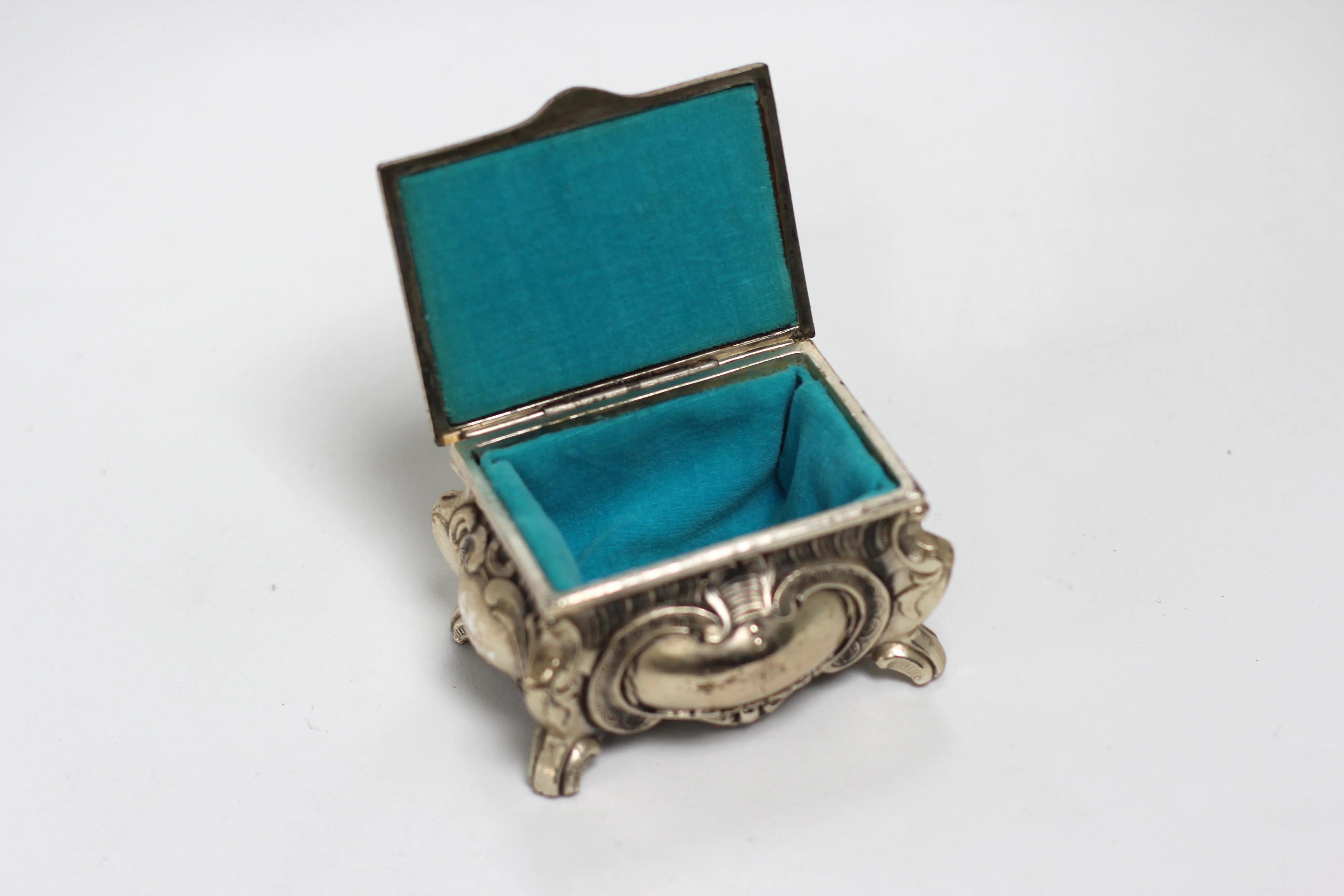 Antique Teal Velvet interior Silver Jewelry Box