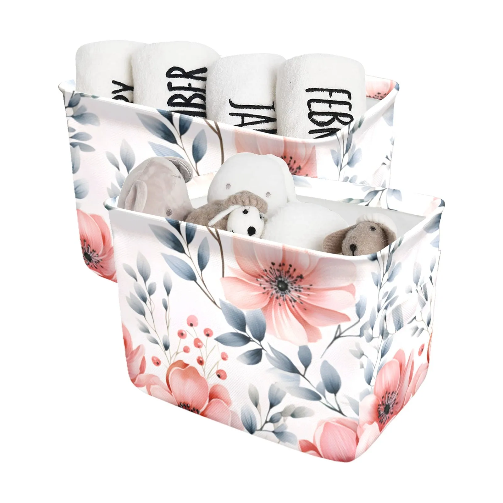 Apricot and Grey Floral Fabric Storage Basket