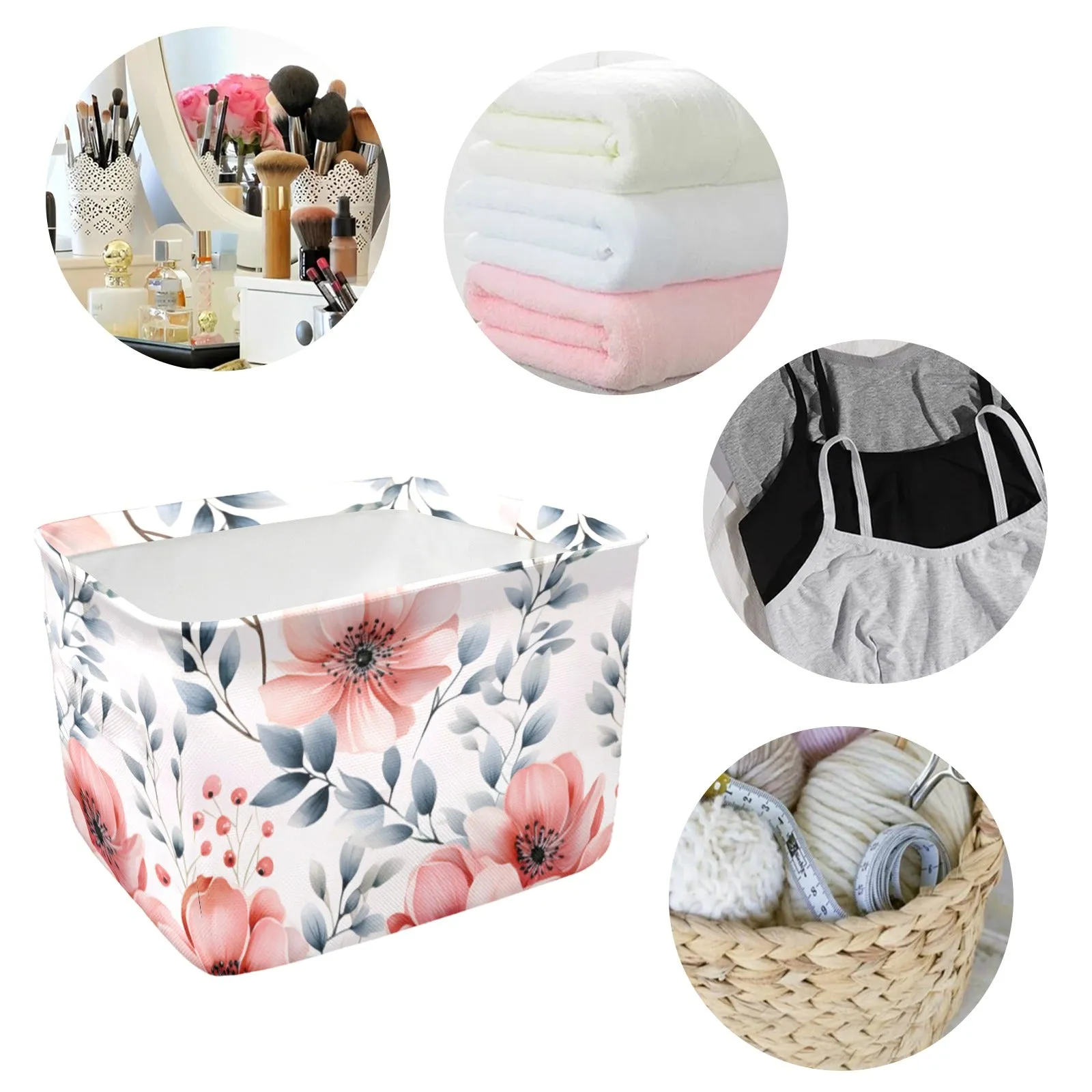 Apricot and Grey Floral Fabric Storage Basket