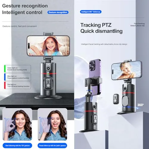 Auto Tracking Phone Holder,360° Rotation Phone Camera Mount Smart Shooting Phone Tracking Holder with Remote Selfie Stick for iPhone Android Stabilizer Shooting Live,No App,Rechargeable