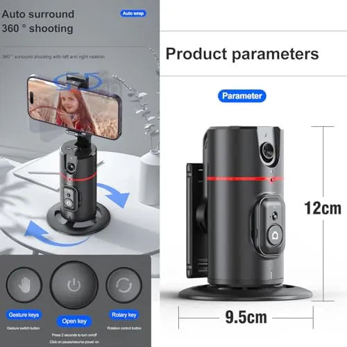 Auto Tracking Phone Holder,360° Rotation Phone Camera Mount Smart Shooting Phone Tracking Holder with Remote Selfie Stick for iPhone Android Stabilizer Shooting Live,No App,Rechargeable