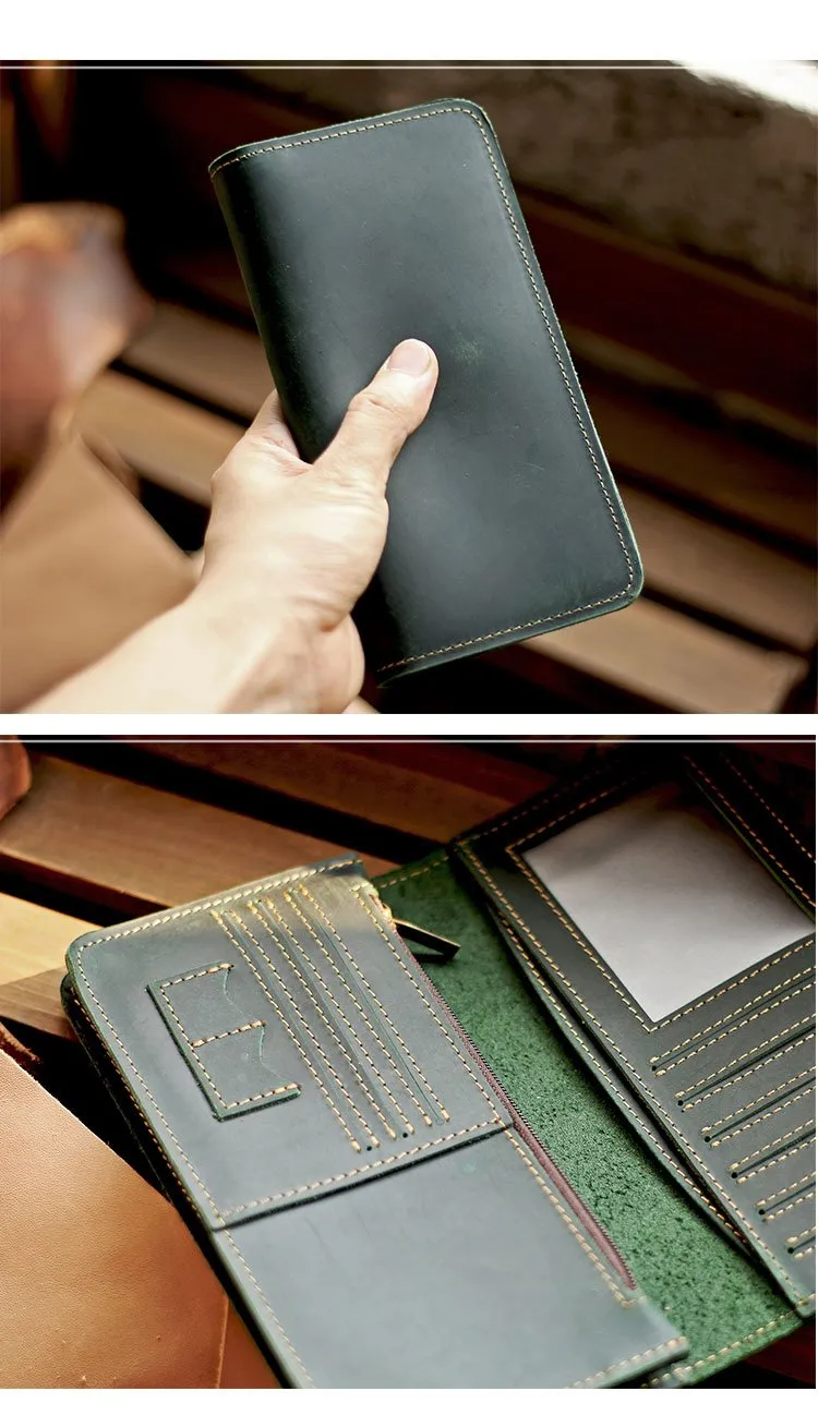 Black Handmade Tan Leather Mens Long Wallet Bifold Green Long Wallet For Men