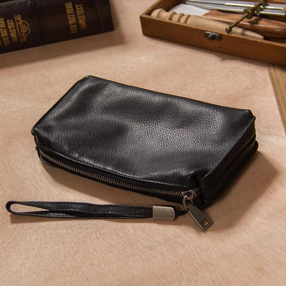 Black Leather Mens Clutch Wallet Wristlet Wallet Zipper Clutch for Men