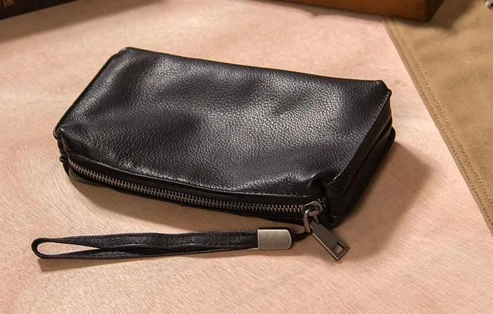 Black Leather Mens Clutch Wallet Wristlet Wallet Zipper Clutch for Men