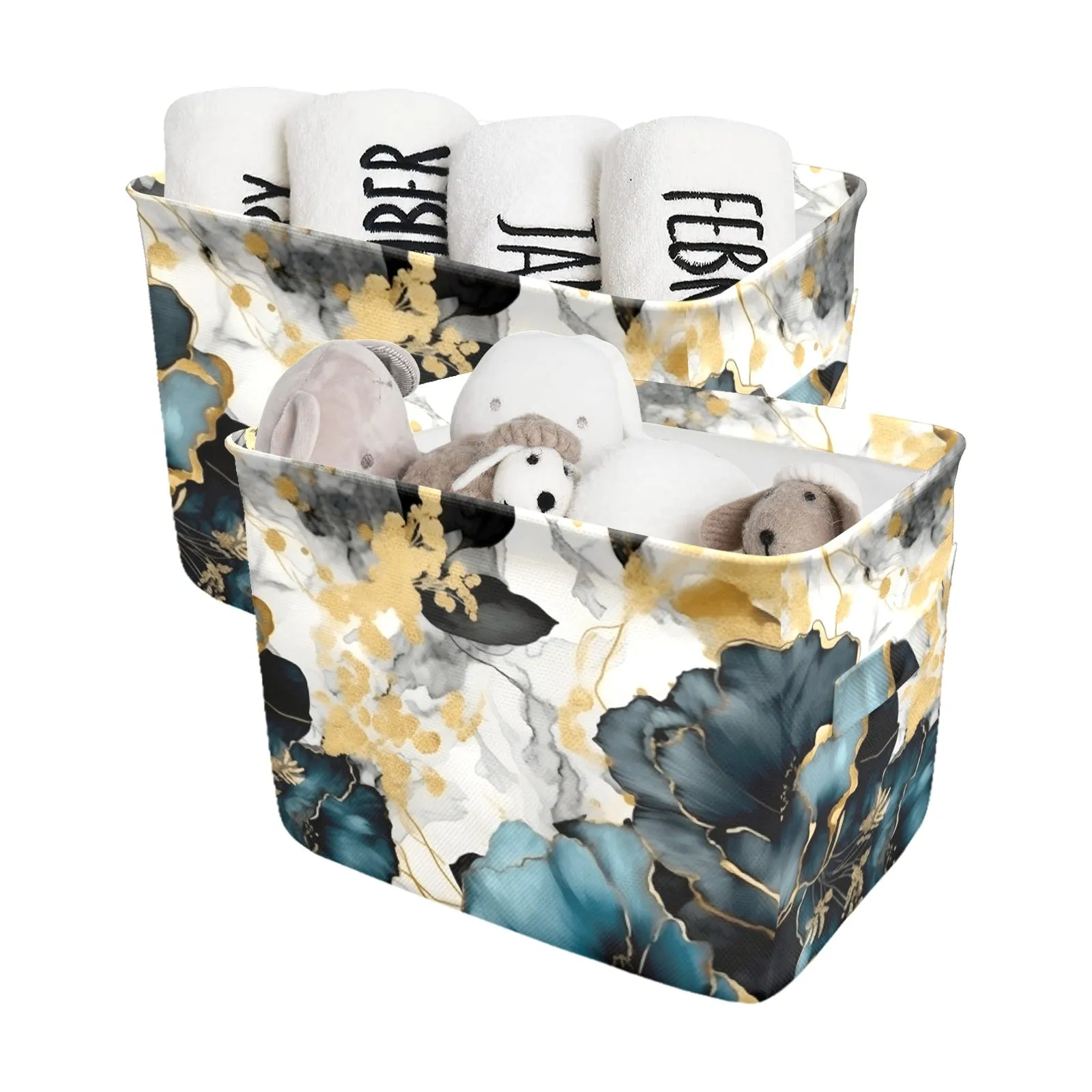 Blue & Gold Ink Floral Fabric Storage Basket