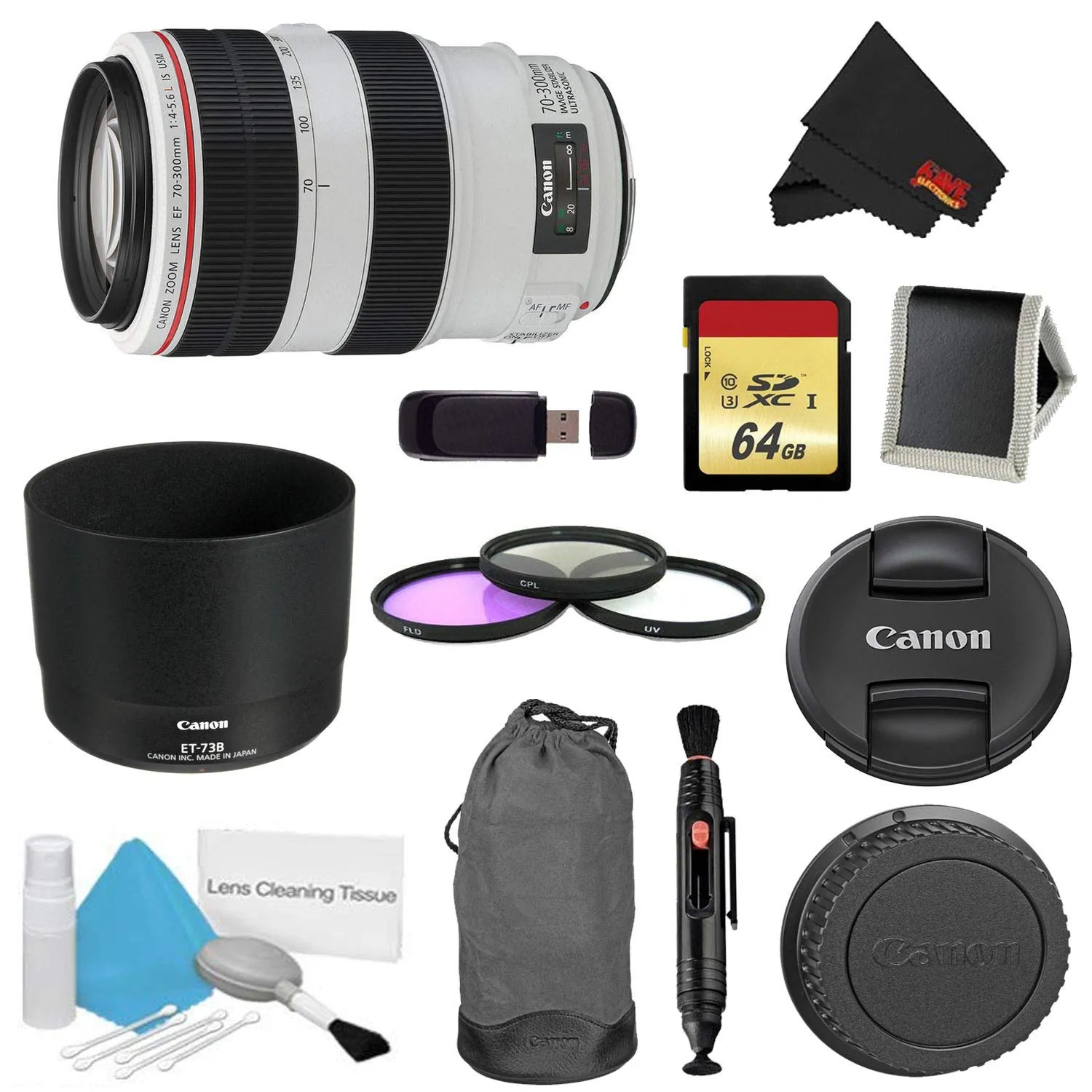 Canon EF 70-300mm f/4-5.6L is USM Lens Bundle w/ 64GB Memory Card   Accessories 3 Piece Filter Kit (International Model)