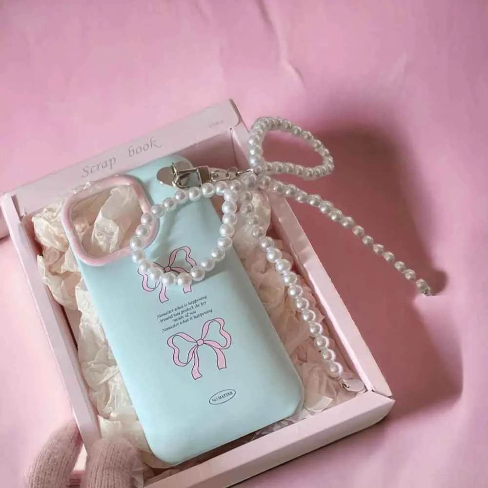 CCPC319 Cute Phone Case for iPhone 15, 14, 13, 12 Pro Max, 14, 15 Plus, 11 X, XR, and XS Max - With Bowknot Pearl Pendant