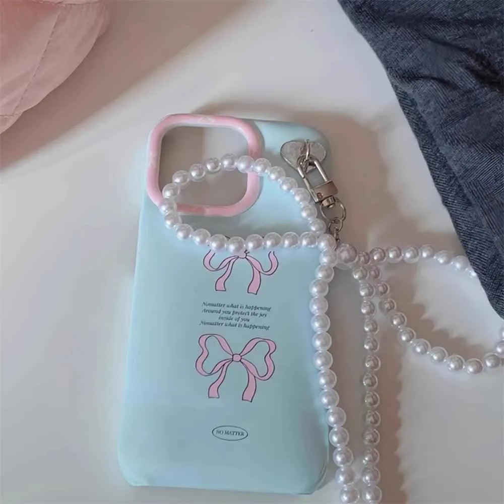 CCPC319 Cute Phone Case for iPhone 15, 14, 13, 12 Pro Max, 14, 15 Plus, 11 X, XR, and XS Max - With Bowknot Pearl Pendant