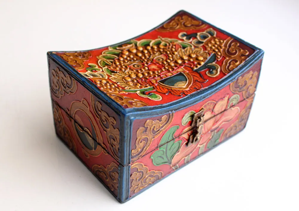 Cheppu and Lotus Painted Tibetan Wooden Box