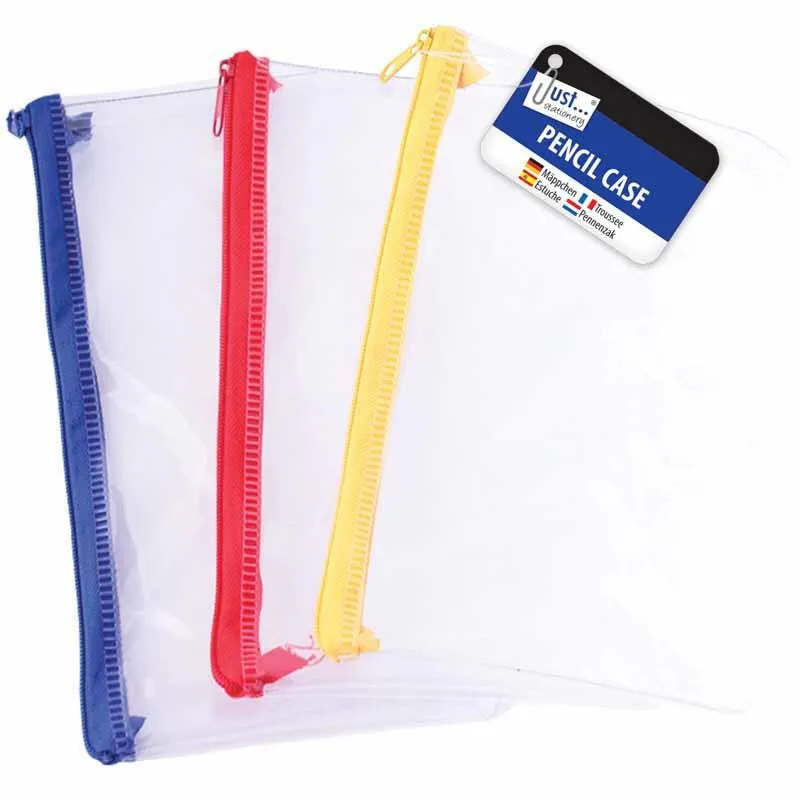 Clear Exam Pencil Case 8" - Assorted Colour Stationery Transparent Test Red Yellow Blue