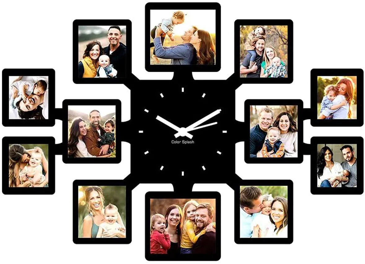 ColorSplash Customized/Personalized Wooden Wall Clock with 12 Photos for Birthday for Your Love (12 Inch x 16 Inch, Black)