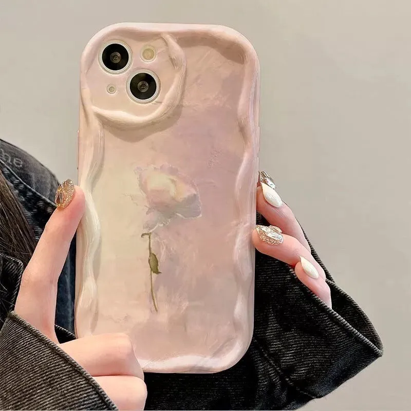 Cute Pastel Color Pink White Oil Painting Flower Protective Shockproof Phone Case with Foldable Stand for iPhone 11 12 13 14 15 Pro Max