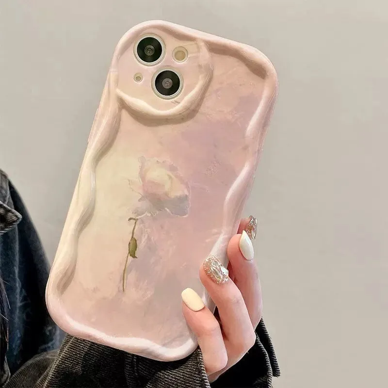 Cute Pastel Color Pink White Oil Painting Flower Protective Shockproof Phone Case with Foldable Stand for iPhone 11 12 13 14 15 Pro Max