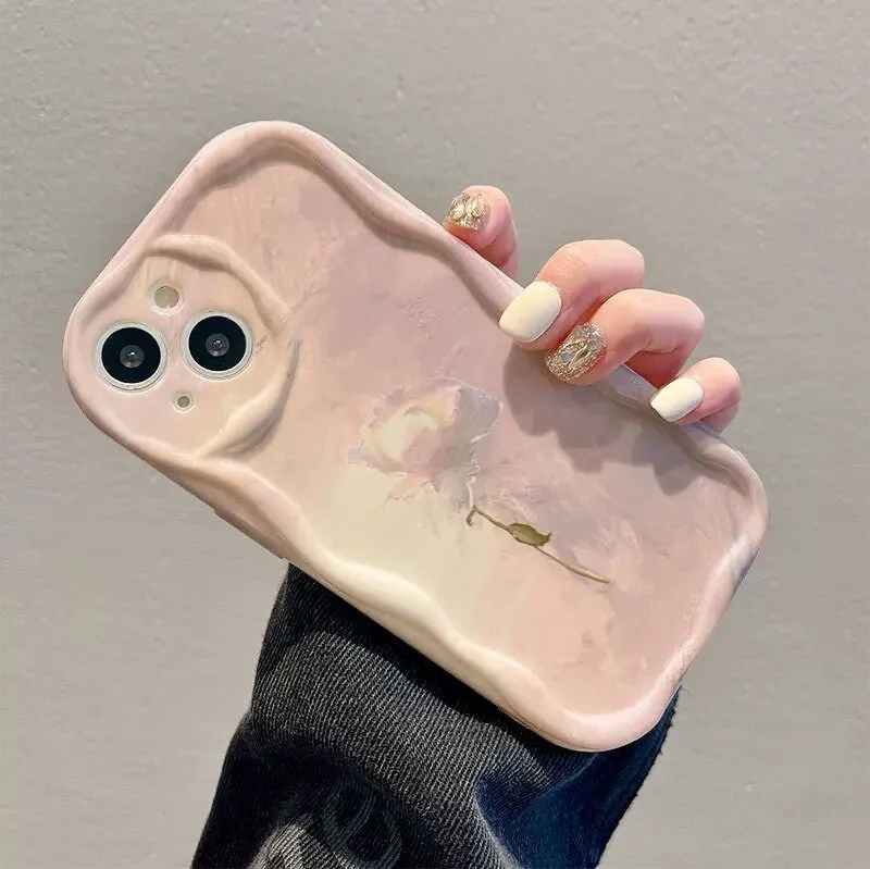 Cute Pastel Color Pink White Oil Painting Flower Protective Shockproof Phone Case with Foldable Stand for iPhone 11 12 13 14 15 Pro Max