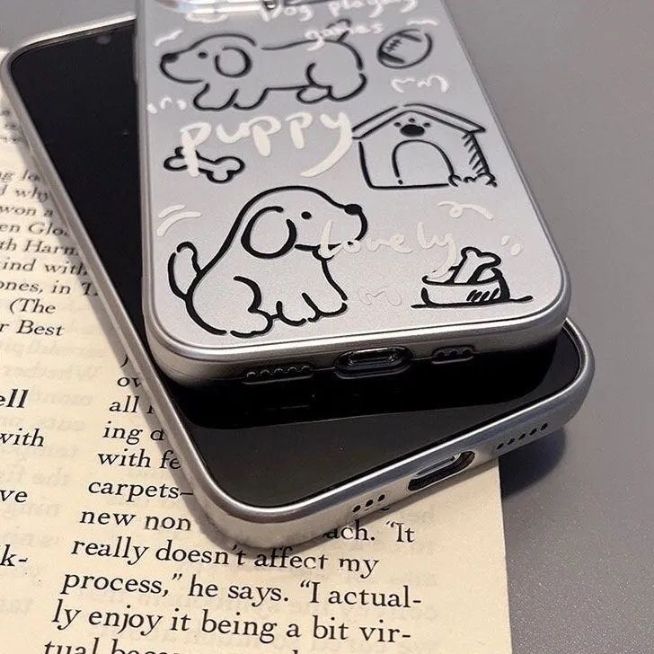 Cute Pet Puppy Lover Electroplated Silver Grey Dog Doodle Drawings Design Protective Shockproof Phone Case for iPhone 11 12 13 14 15 Pro Max