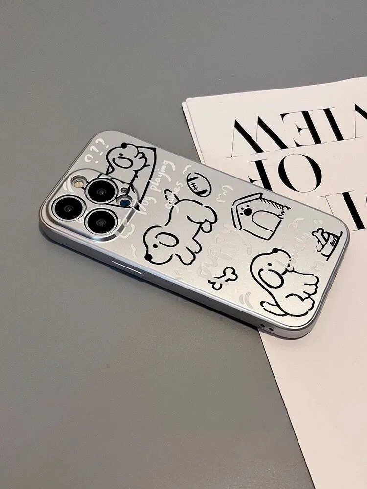 Cute Pet Puppy Lover Electroplated Silver Grey Dog Doodle Drawings Design Protective Shockproof Phone Case for iPhone 11 12 13 14 15 Pro Max