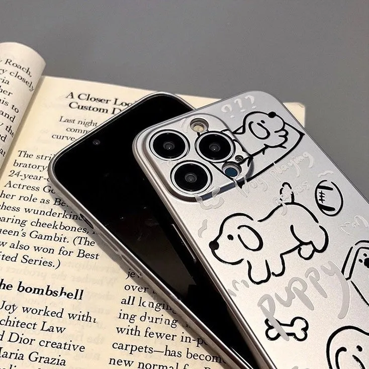 Cute Pet Puppy Lover Electroplated Silver Grey Dog Doodle Drawings Design Protective Shockproof Phone Case for iPhone 11 12 13 14 15 Pro Max