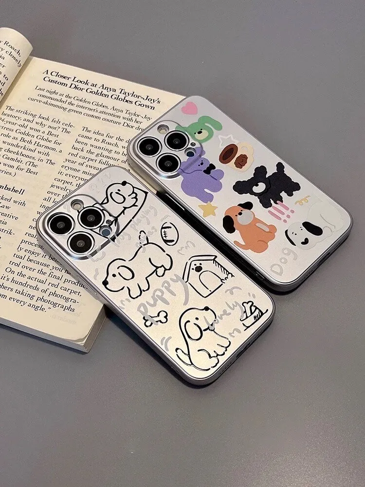 Cute Pet Puppy Lover Electroplated Silver Grey Dog Doodle Drawings Design Protective Shockproof Phone Case for iPhone 11 12 13 14 15 Pro Max