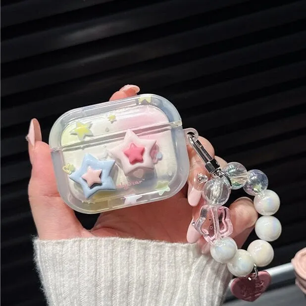 Cute Star Print Clear Protective Cover AirPods Case   Bead Pearl Hand Strap for AirPods 1 2 3 Pro 2 Generation Shockproof AirPods Case