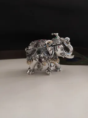 Elephant Design Kumkum Box in German Silver with Ruby, Green Stones, and Pearls