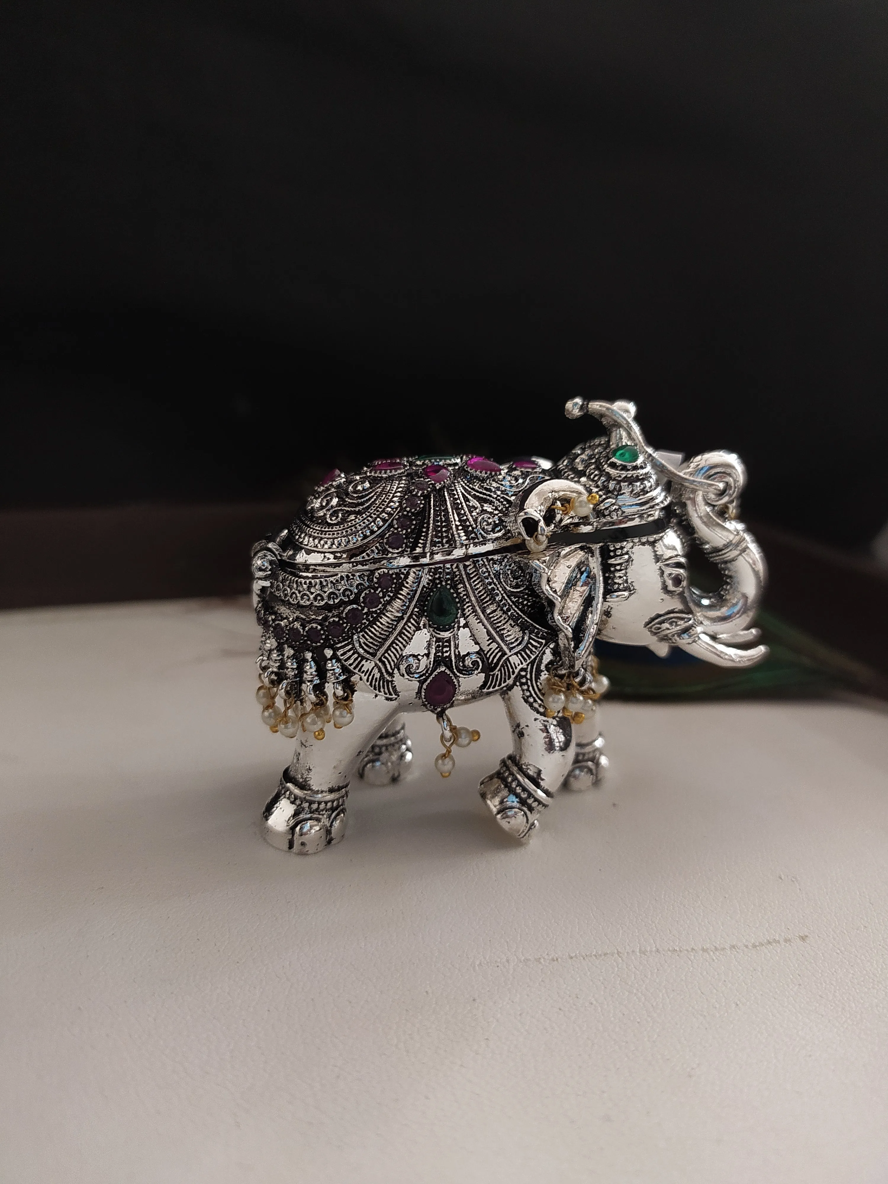 Elephant Design Kumkum Box in German Silver with Ruby, Green Stones, and Pearls