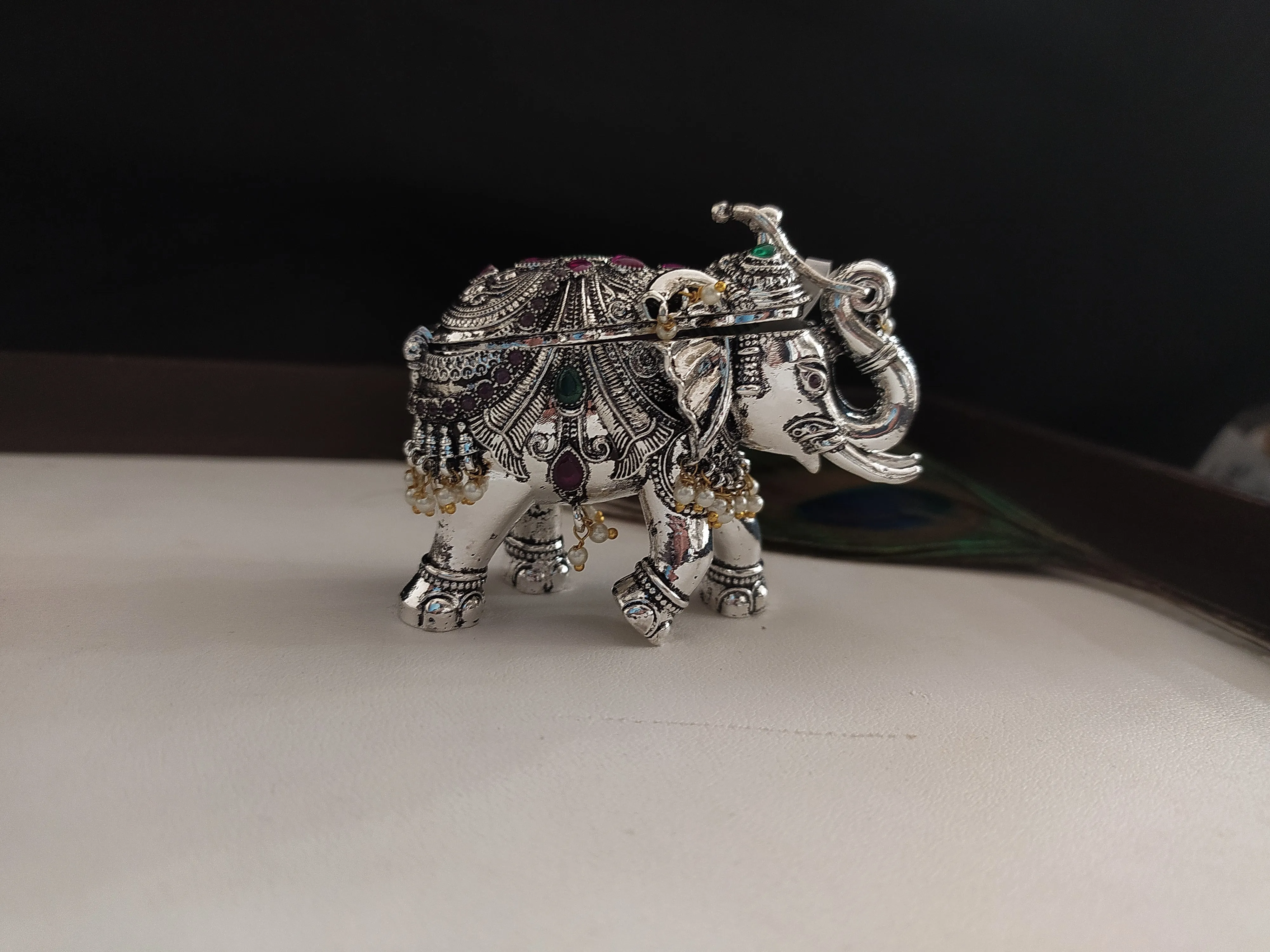 Elephant Design Kumkum Box in German Silver with Ruby, Green Stones, and Pearls