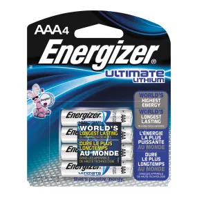 Energizer L92 L92SBP-4 Ultimate Battery, 1.5 V Battery, 1250 mAh, AAA Battery, Lithium Iron Disulfide