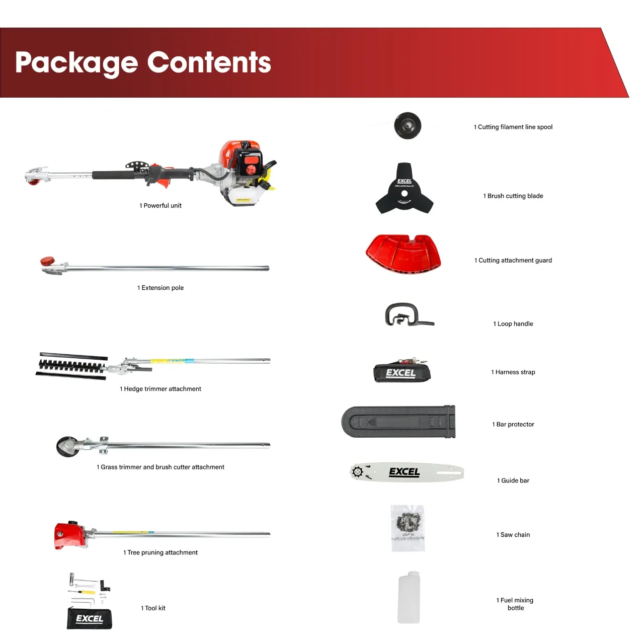 Excel 52cc Petrol 5 in 1 Garden Multi Tool with 2-Stroke Engine Oil