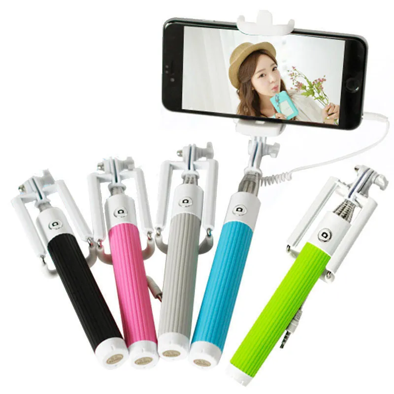 Fashion Extendable Wired Remote Shutter Selfie Stick Monopod For iPhone Smartphone - Pink