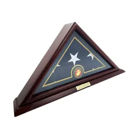 Flags Connections - 5x9 American Veteran Burial Flag Case, Plexiglass, Solid Wood, Cherry Finish, Small Base, Wall Mounted,Customized Name Plate, Marine.