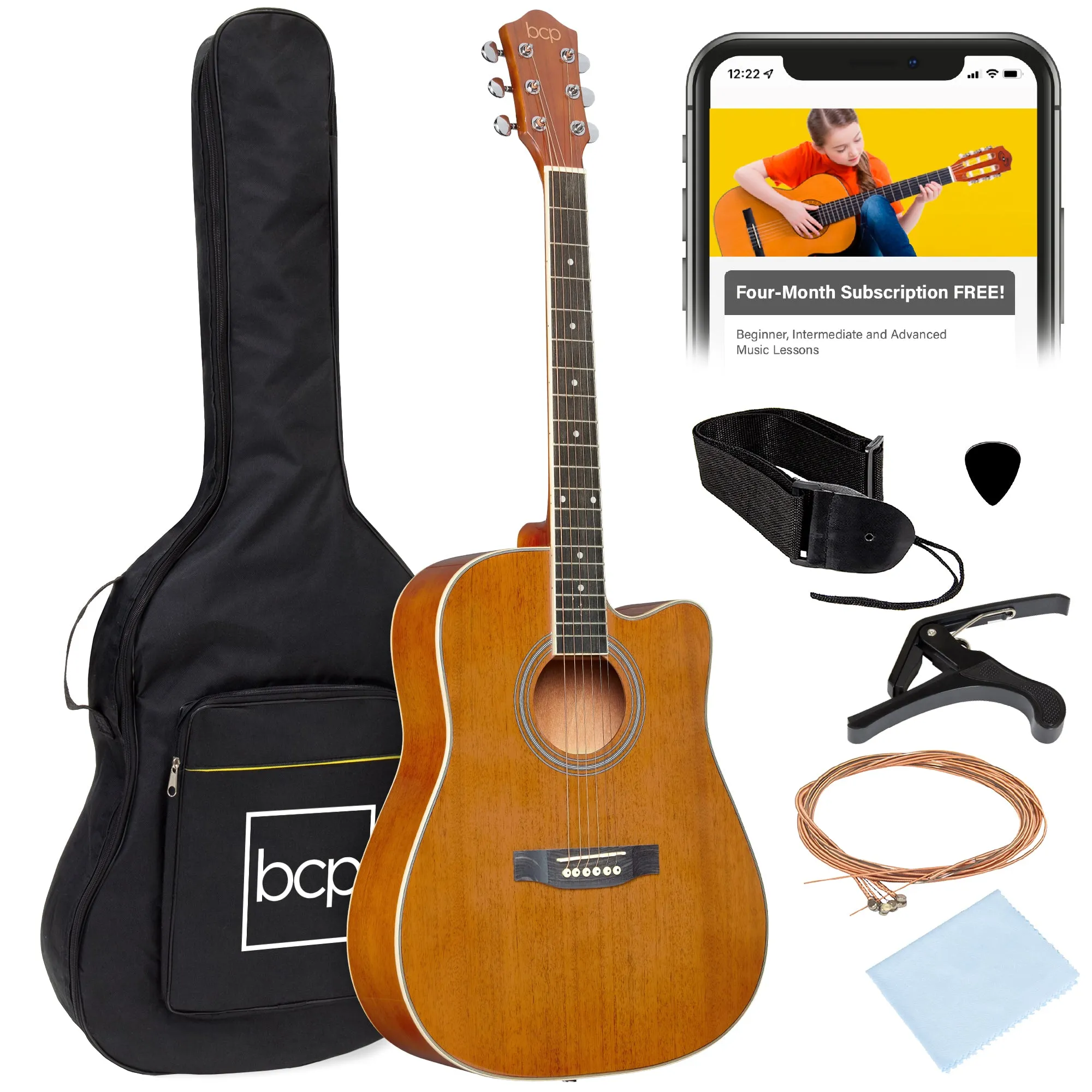 Full Size Beginner Acoustic Guitar Set with Case, Strap, Capo - 41in