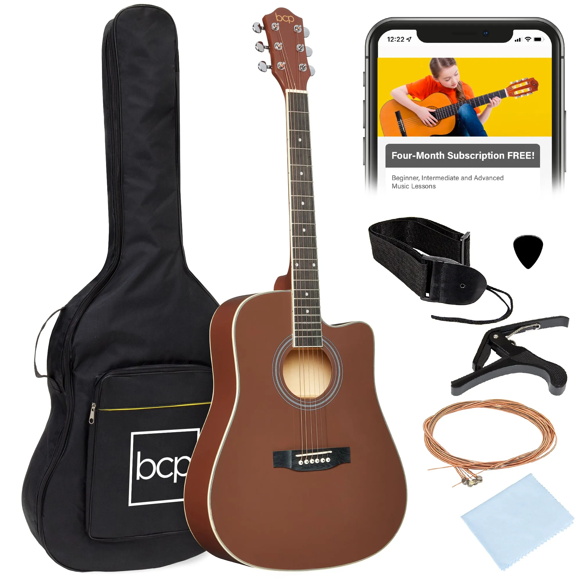 Full Size Beginner Acoustic Guitar Set with Case, Strap, Capo - 41in