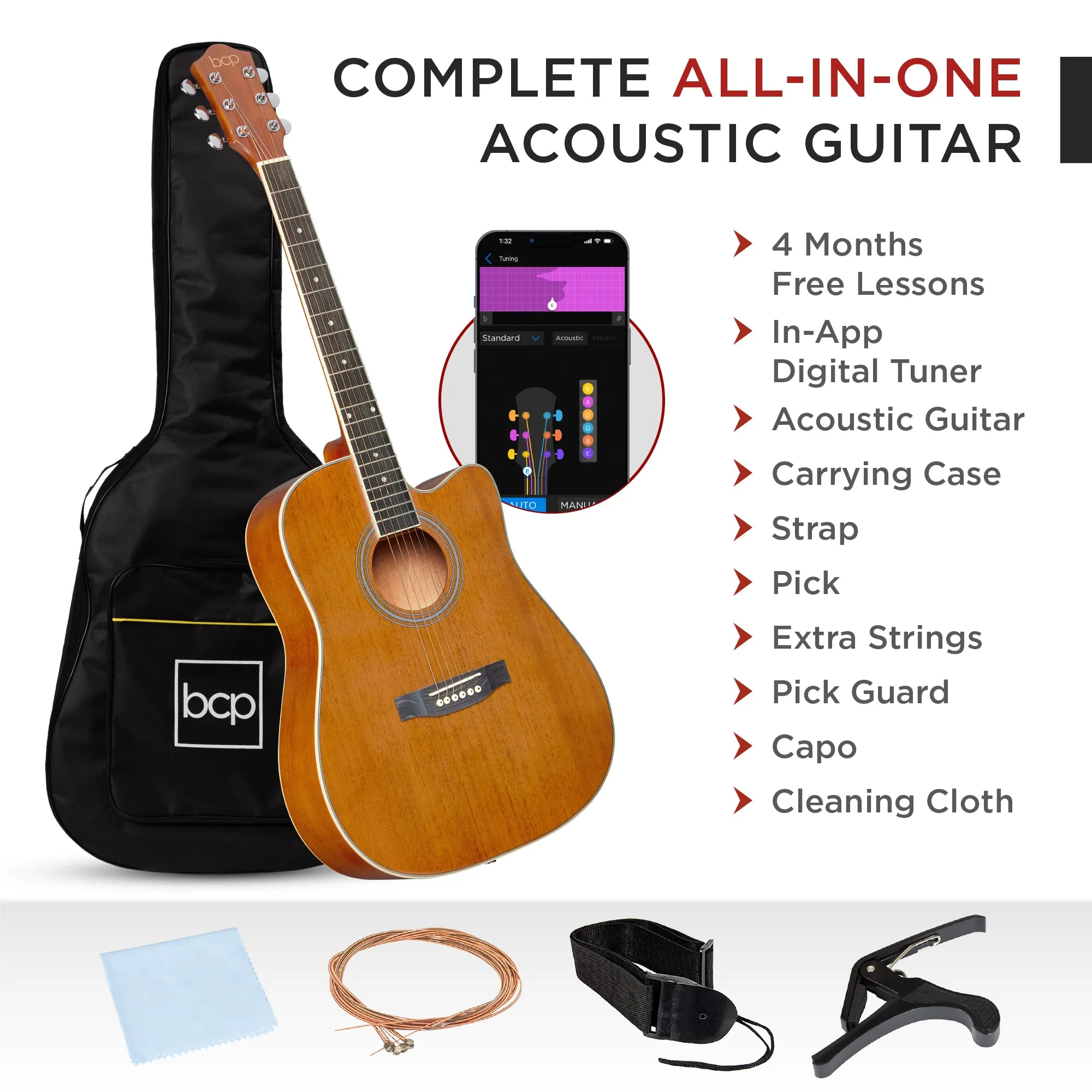 Full Size Beginner Acoustic Guitar Set with Case, Strap, Capo - 41in