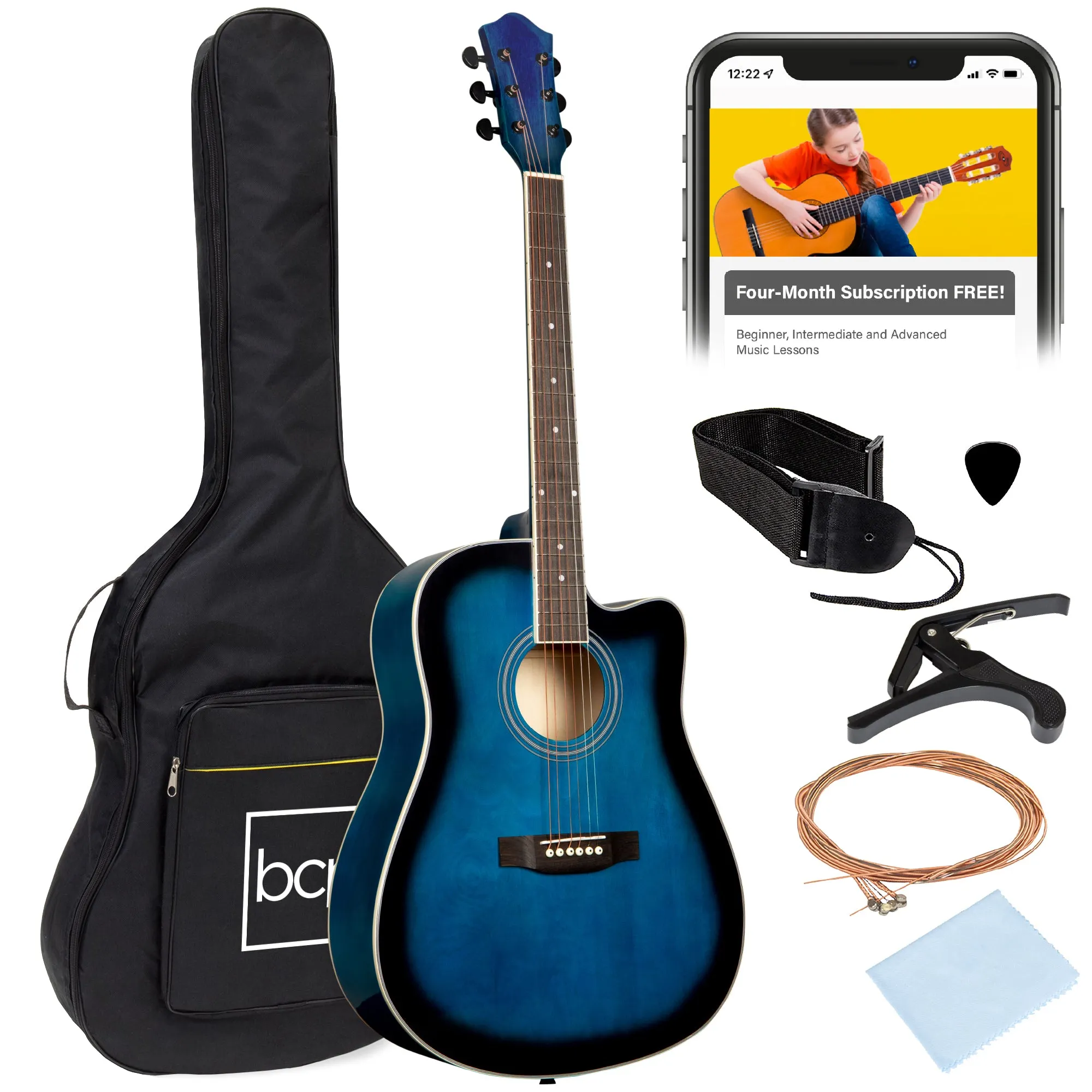 Full Size Beginner Acoustic Guitar Set with Case, Strap, Capo - 41in