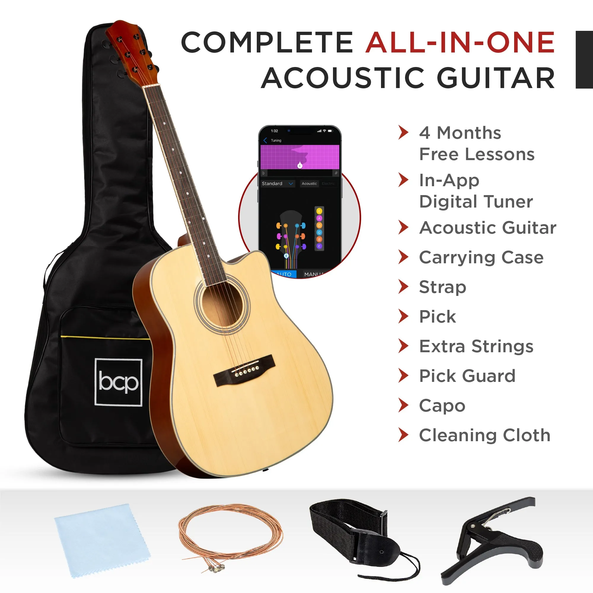 Full Size Beginner Acoustic Guitar Set with Case, Strap, Capo - 41in