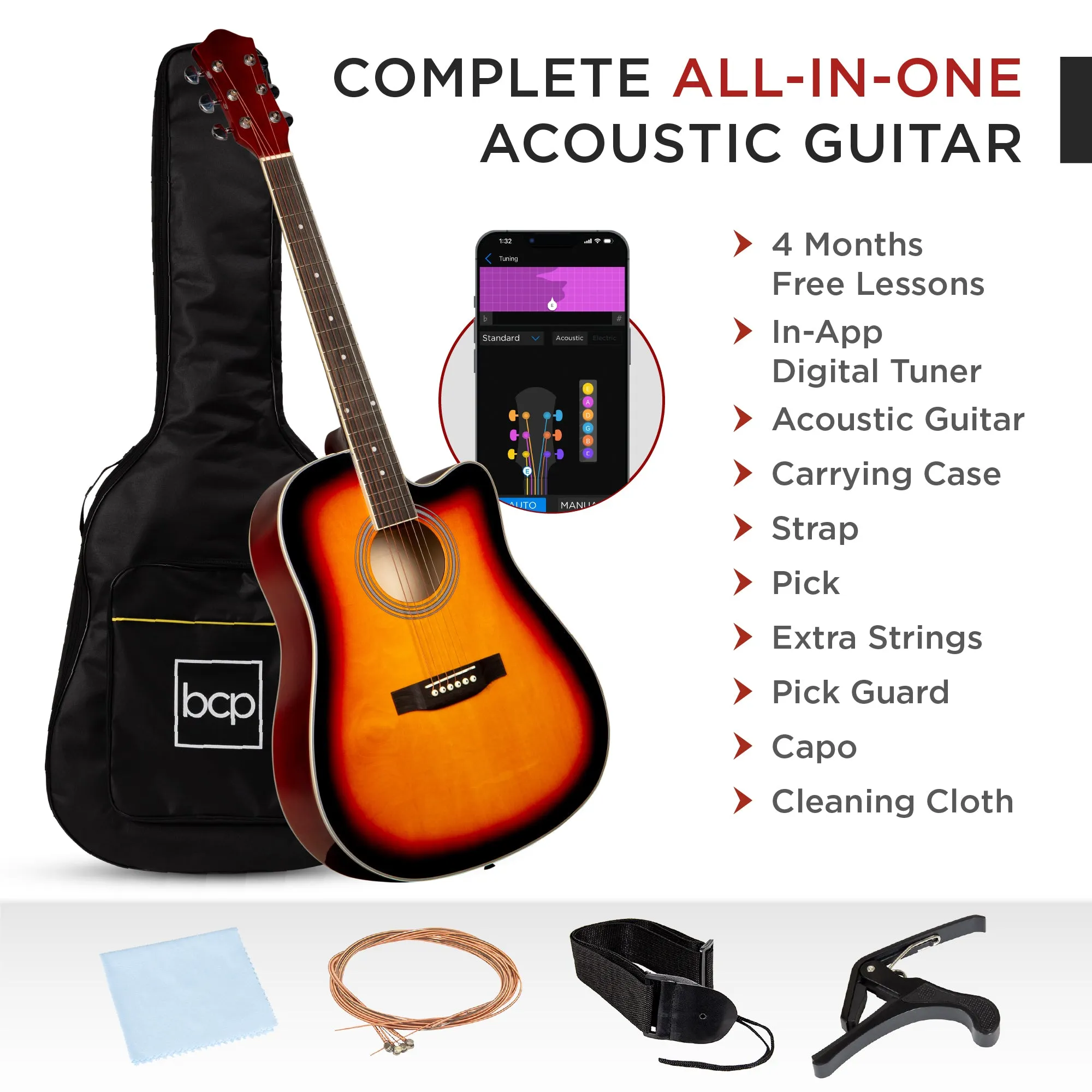 Full Size Beginner Acoustic Guitar Set with Case, Strap, Capo - 41in