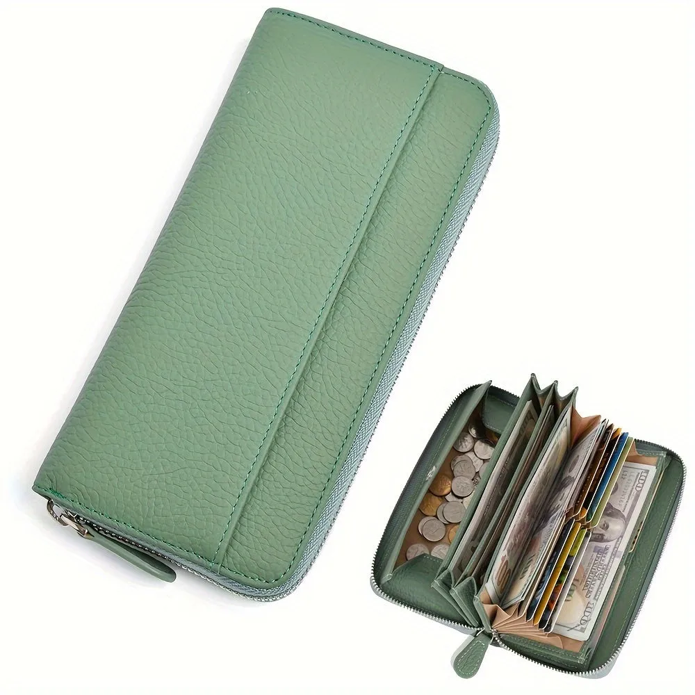 Genuine Leather Fashion RFID Wallet Women Clutch Credit Card Holder, Women's Casual Coin Purse Large Capacity Phone Bag, Zipper Clutch Bag Long Wallet