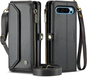 Google Pixel 9 Pro Wallet Case Crossbody Lanyard Strapand Kickstand Black, Pixel 9 Pro XL