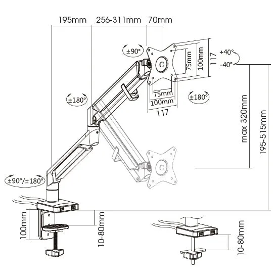 GU70 Series Premium Gas Spring Arms with USB - Pole based