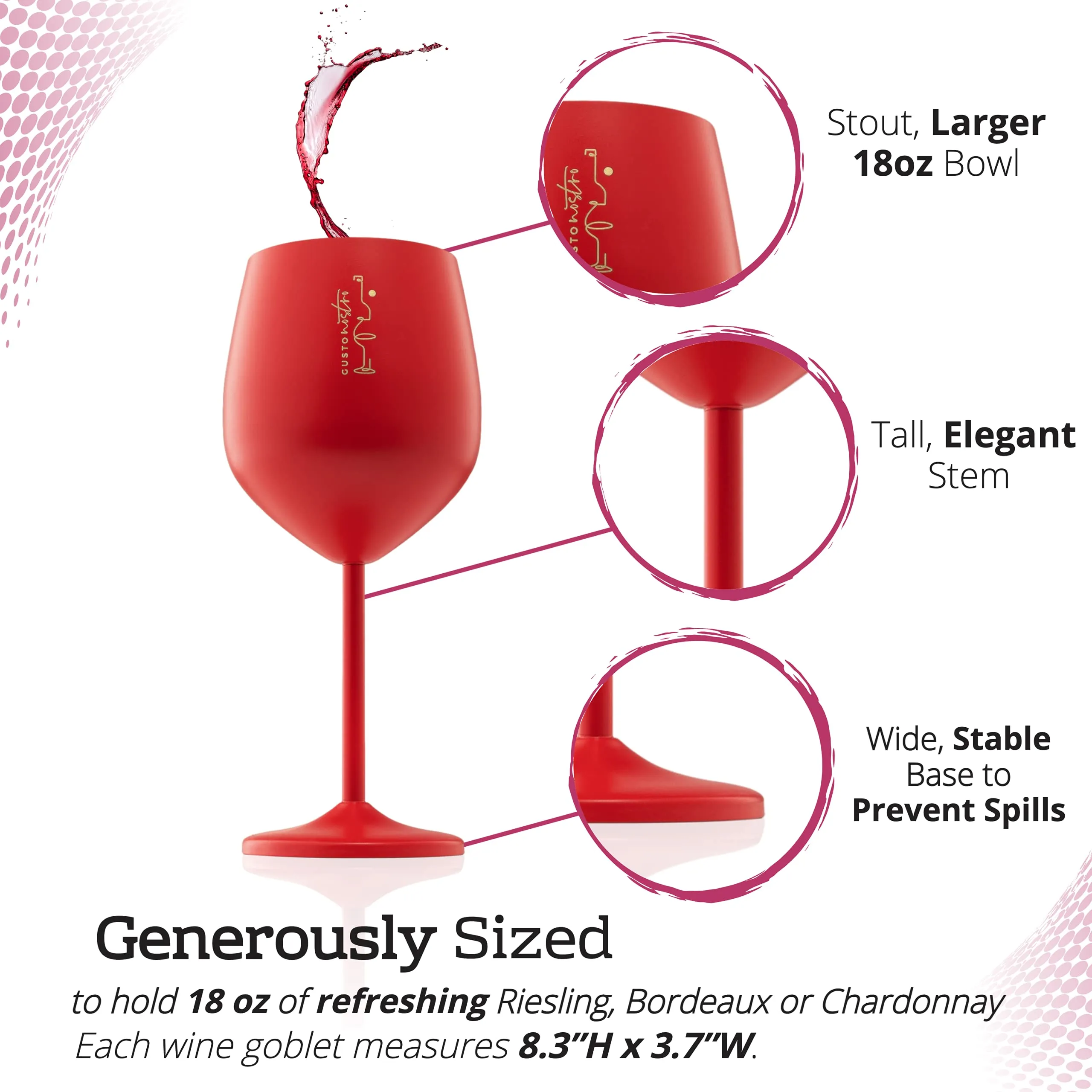 Gusto Nostro Red Stainless Steel Wine Glasses 18 Oz Set of 4