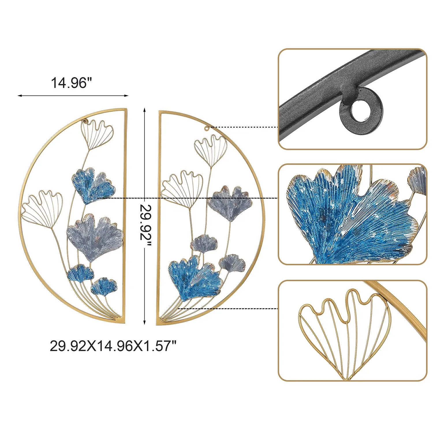 Handcrafted Metal Ginkgo Leaf Wall Art Decor Teal 29.92X14.96 Inch