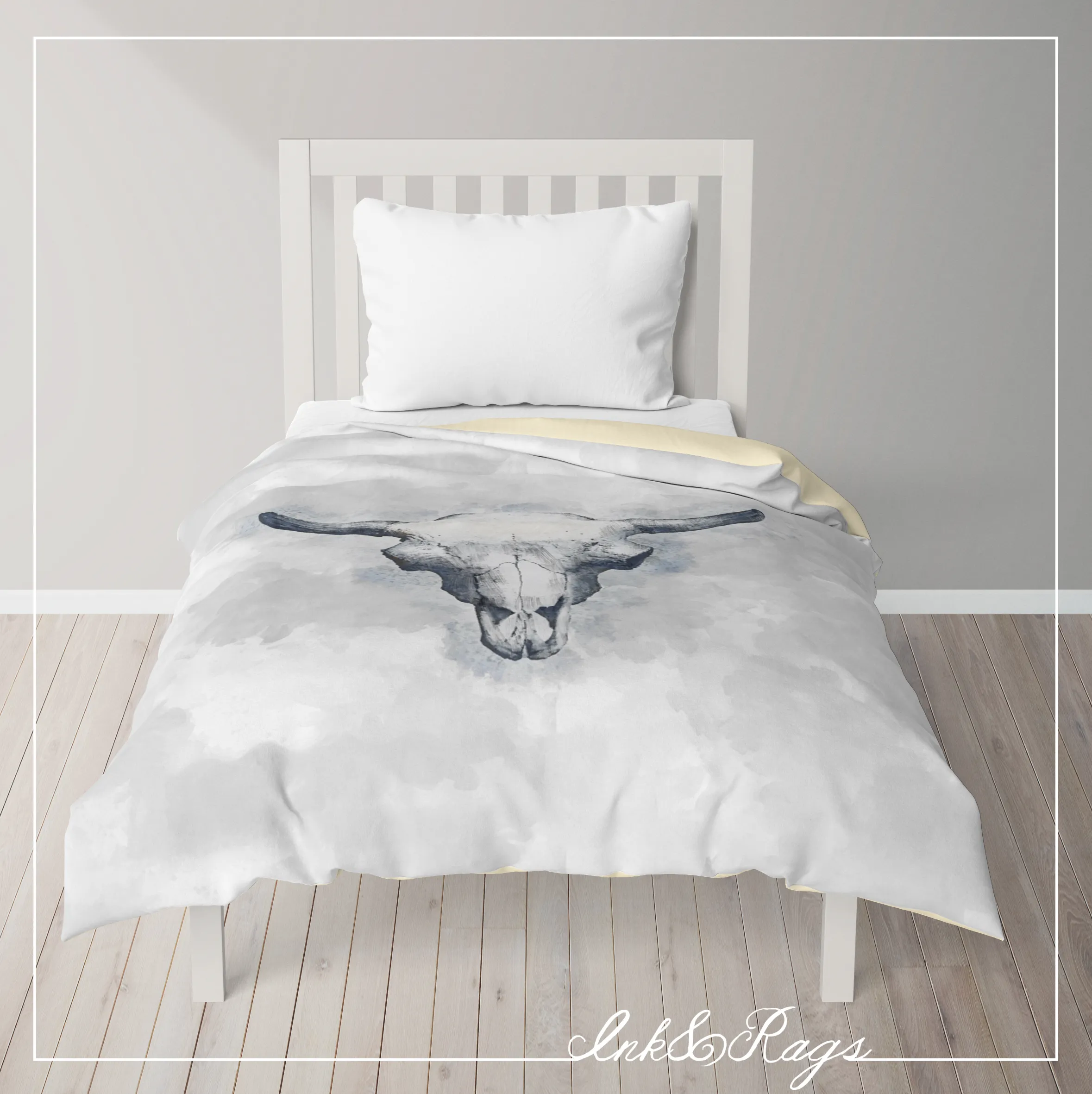 IN STOCK SAMPLE Blue Grey Bull Skull - Twin Duvet Cover