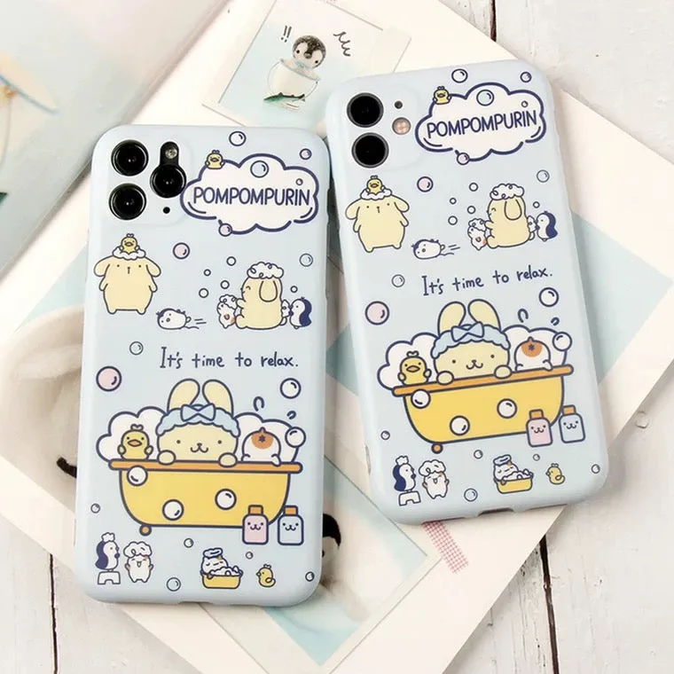 Japanese Cartoon Pompompurin Bathing Matt Blue iPhone Case 12 13 14 15 Pro Promax