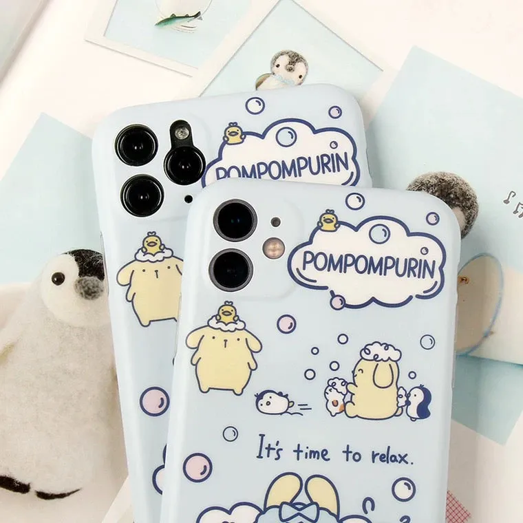 Japanese Cartoon Pompompurin Bathing Matt Blue iPhone Case 12 13 14 15 Pro Promax